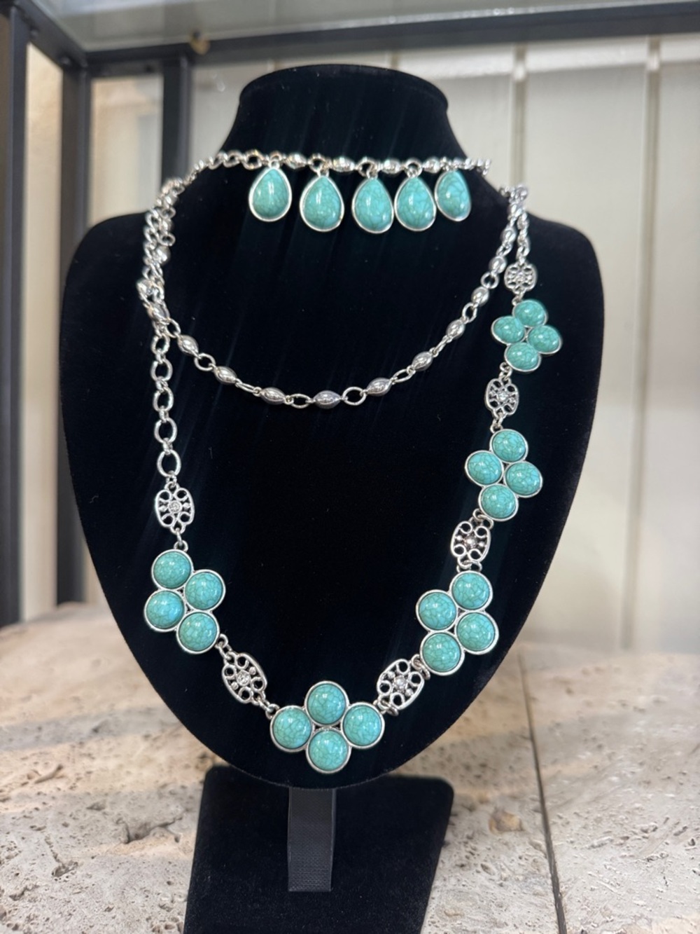 Turquoise Floral Silver Necklace Set - Women Jewelry